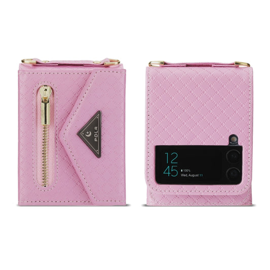 For Samsung Galaxy Z Flip3 5G POLA Grid Texture Multi-Card Slots Zipper Wallet Phone Case(Pink) - Galaxy Phone Cases by POLA | Online Shopping UK | buy2fix