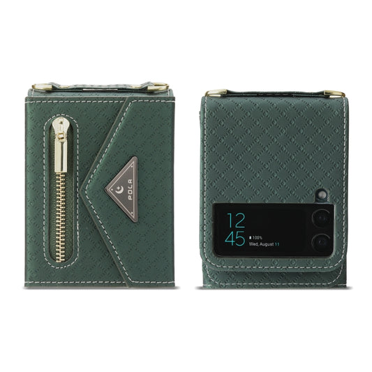 For Samsung Galaxy Z Flip3 5G POLA Grid Texture Multi-Card Slots Zipper Wallet Phone Case(Green) - Galaxy Phone Cases by POLA | Online Shopping UK | buy2fix