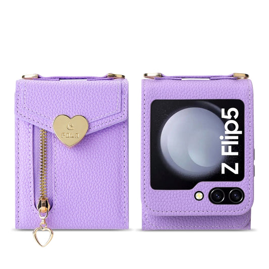 For Samsung Galaxy Z Flip5 POLA Litchi Texture Love Buckle Multi-Card Slots Zipper Wallet Phone Case(Purple) - Galaxy Z Flip5 Cases by POLA | Online Shopping UK | buy2fix