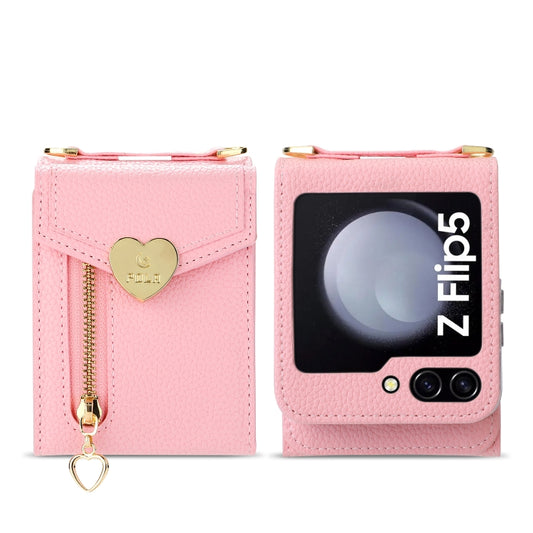 For Samsung Galaxy Z Flip5 POLA Litchi Texture Love Buckle Multi-Card Slots Zipper Wallet Phone Case(Pink) - Galaxy Z Flip5 Cases by POLA | Online Shopping UK | buy2fix