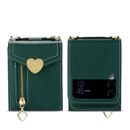 For Samsung Galaxy Z Flip3 5G POLA Litchi Texture Love Buckle Multi-Card Slots Zipper Wallet Phone Case(Green) - Galaxy Phone Cases by POLA | Online Shopping UK | buy2fix