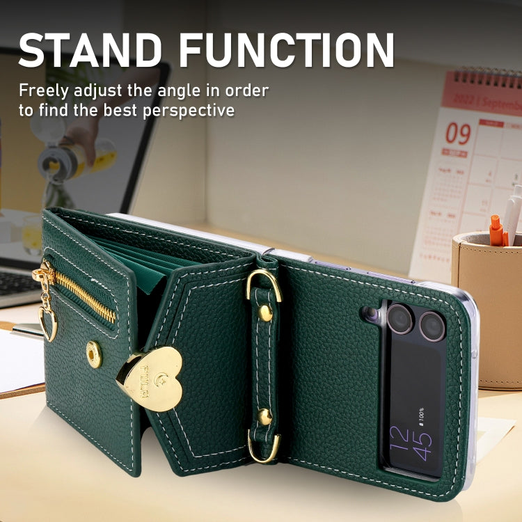 For Samsung Galaxy Z Flip3 5G POLA Litchi Texture Love Buckle Multi-Card Slots Zipper Wallet Phone Case(Green) - Galaxy Phone Cases by POLA | Online Shopping UK | buy2fix