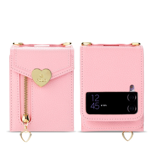 For Samsung Galaxy Z Flip3 5G POLA Litchi Texture Love Buckle Multi-Card Slots Zipper Wallet Phone Case(Pink) - Galaxy Phone Cases by POLA | Online Shopping UK | buy2fix