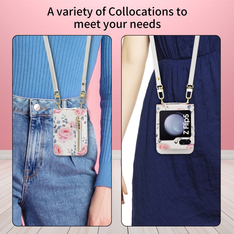 For Samsung Galaxy Z Flip5 POLA Rose Pattern Multi-Card Slots Zipper Wallet Phone Case(White) - Galaxy Z Flip5 Cases by POLA | Online Shopping UK | buy2fix