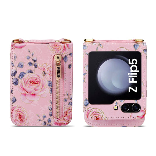 For Samsung Galaxy Z Flip5 POLA Rose Pattern Multi-Card Slots Zipper Wallet Phone Case(Pink) - Galaxy Z Flip5 Cases by POLA | Online Shopping UK | buy2fix