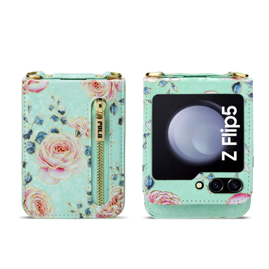 For Samsung Galaxy Z Flip5 POLA Rose Pattern Multi-Card Slots Zipper Wallet Phone Case(Cyan) - Galaxy Z Flip5 Cases by POLA | Online Shopping UK | buy2fix