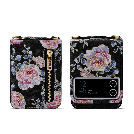 For Samsung Galaxy Z Flip3 5G POLA Rose Pattern Multi-Card Slots Zipper Wallet Phone Case(Black) - Galaxy Phone Cases by POLA | Online Shopping UK | buy2fix