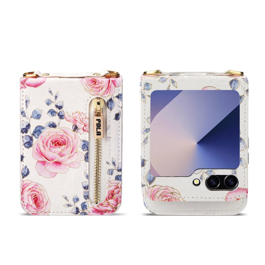 For Samsung Galaxy Z Flip6 / Flip7 FE POLA Rose Pattern Multi-Card Slots Zipper Wallet Phone Case(White) - Galaxy Z Flip6 5G Cases by POLA | Online Shopping UK | buy2fix