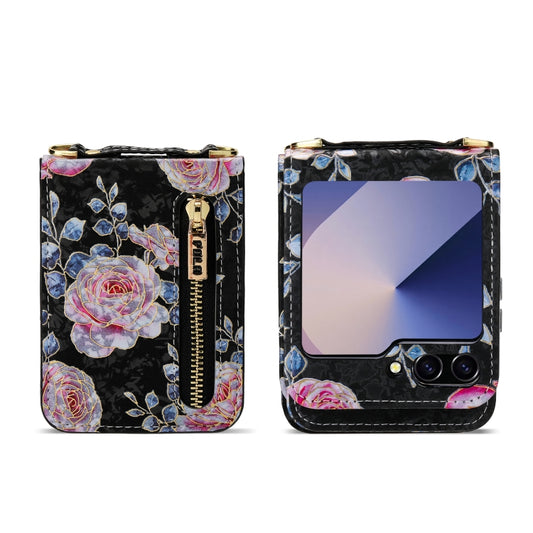 For Samsung Galaxy Z Flip6 / Flip7 FE POLA Rose Pattern Multi-Card Slots Zipper Wallet Phone Case(Black) - Galaxy Z Flip6 5G Cases by POLA | Online Shopping UK | buy2fix