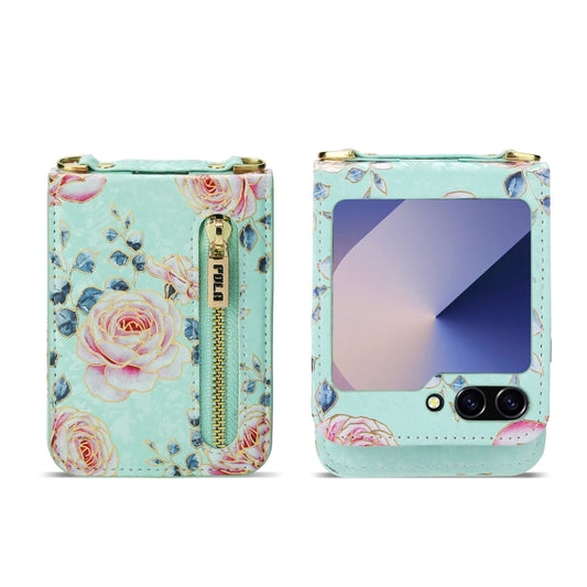 For Samsung Galaxy Z Flip6 / Flip7 FE POLA Rose Pattern Multi-Card Slots Zipper Wallet Phone Case(Cyan) - Galaxy Z Flip6 5G Cases by POLA | Online Shopping UK | buy2fix
