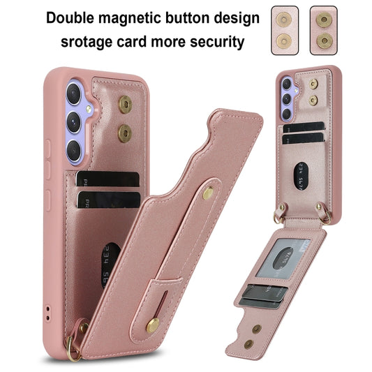 For Samsung Galaxy S25+ 5G Wristband Vertical Flip Wallet Back Cover Phone Case with Long Lanyard(Rose Gold) by buy2fix