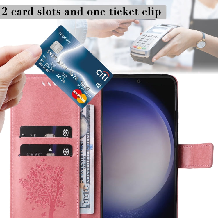 For Samsung Galaxy S25 / S24 5G Tree & Cat Embossed Pattern Flip Leather Phone Case(Pink) by buy2fix
