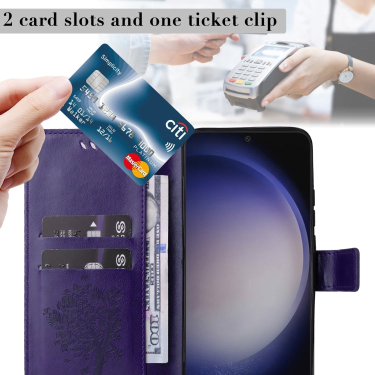 For Samsung Galaxy S25 / S24 5G Tree & Cat Embossed Pattern Flip Leather Phone Case(Purple) by buy2fix