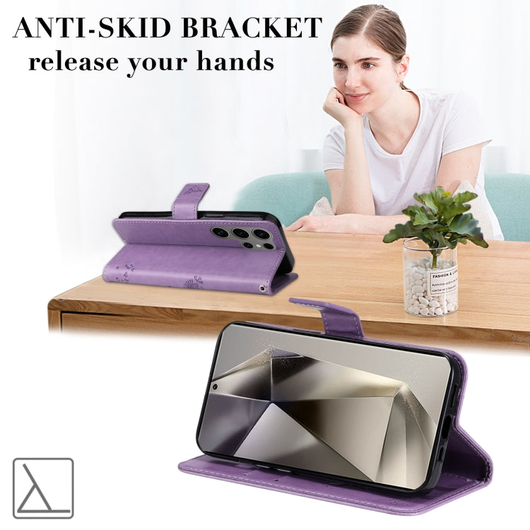 For Samsung Galaxy S25 Ultra 5G Tree & Cat Embossed Pattern Flip Leather Phone Case(Light Purple) by buy2fix