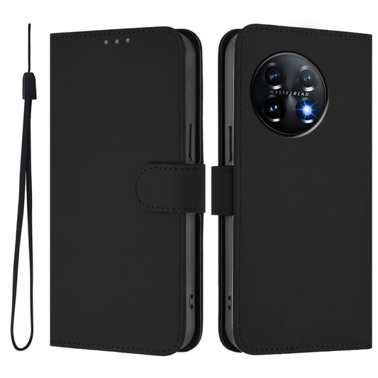 For OnePlus 11 Skin Feel Solid Color Leather Phone Case with Lanyard(Black) by buy2fix