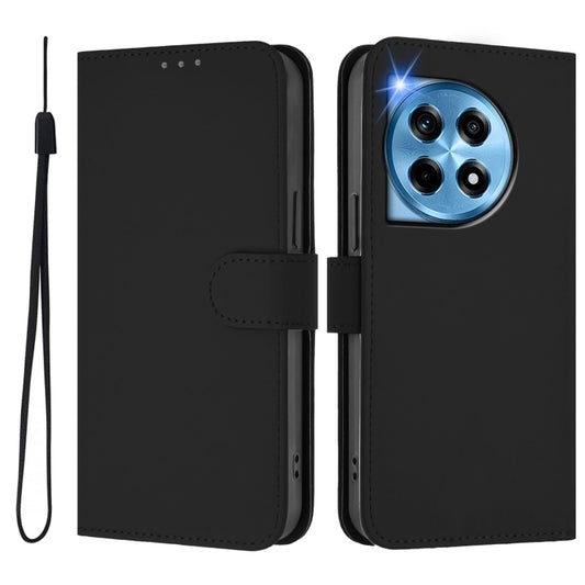 For OnePlus 12 5G Global Skin Feel Solid Color Leather Phone Case with Lanyard(Black) by buy2fix
