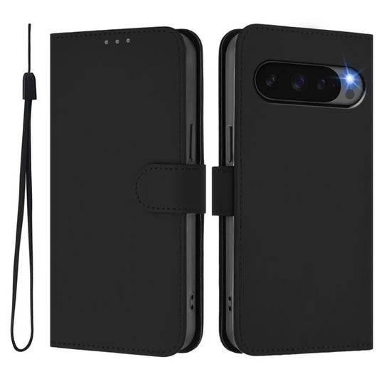 For Google Pixel 10 / 10 Pro Skin Feel Solid Color Leather Phone Case with Lanyard(Black) - Google Cases by buy2fix | Online Shopping UK | buy2fix