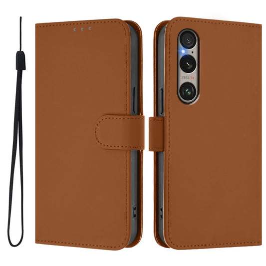 For Sony Xperia 1 VI 2024 Skin Feel Solid Color Leather Phone Case with Lanyard(Brown) by buy2fix