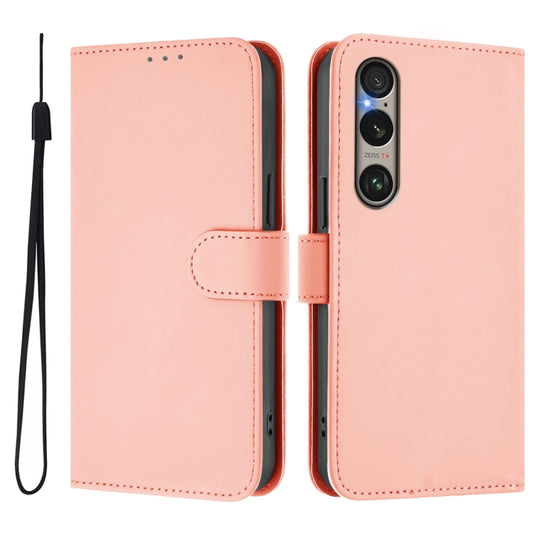 For Sony Xperia 1 VI 2024 Skin Feel Solid Color Leather Phone Case with Lanyard(Pink) by buy2fix