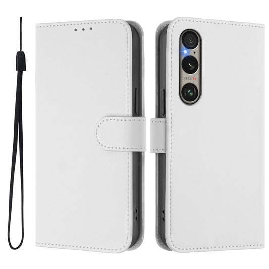 For Sony Xperia 1 VI 2024 Skin Feel Solid Color Leather Phone Case with Lanyard(White) by buy2fix