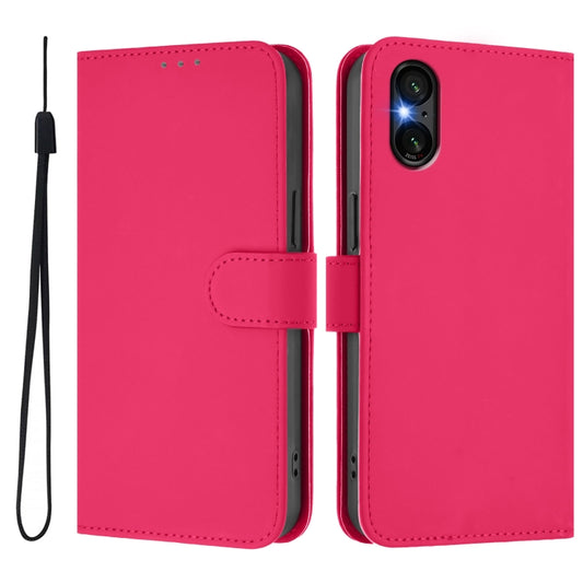 For Sony Xperia 5 VI 2024 Skin Feel Solid Color Leather Phone Case with Lanyard(Rose Red) by buy2fix
