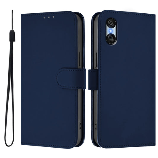 For Sony Xperia 10 VI 2024 Skin Feel Solid Color Leather Phone Case with Lanyard(Navy Blue) by buy2fix