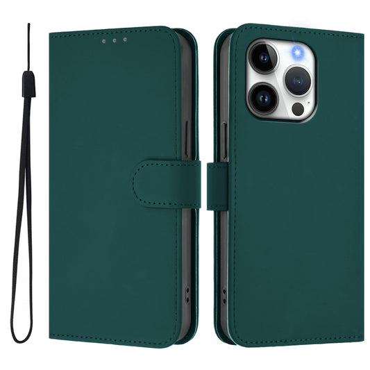 For iPhone 16 Pro Skin Feel Solid Color Leather Phone Case with Lanyard(Dark Green) by buy2fix