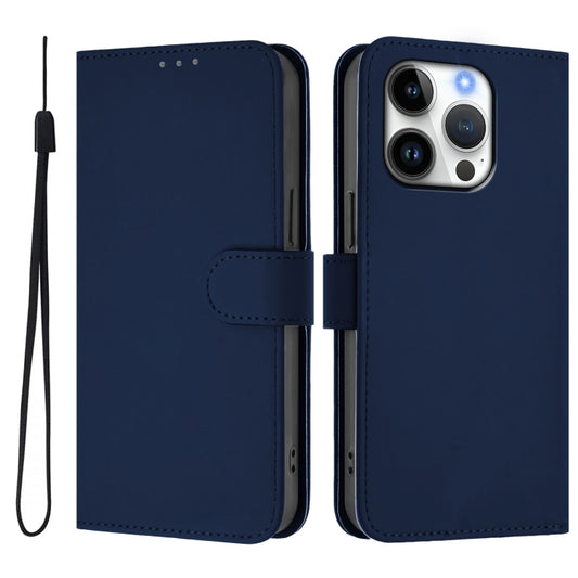 For iPhone 16 Pro Skin Feel Solid Color Leather Phone Case with Lanyard(Navy Blue) by buy2fix