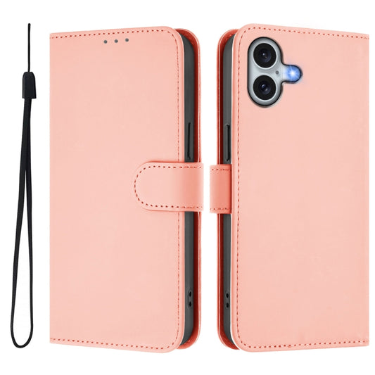 For iPhone 16 Plus Skin Feel Solid Color Leather Phone Case with Lanyard(Pink) by buy2fix
