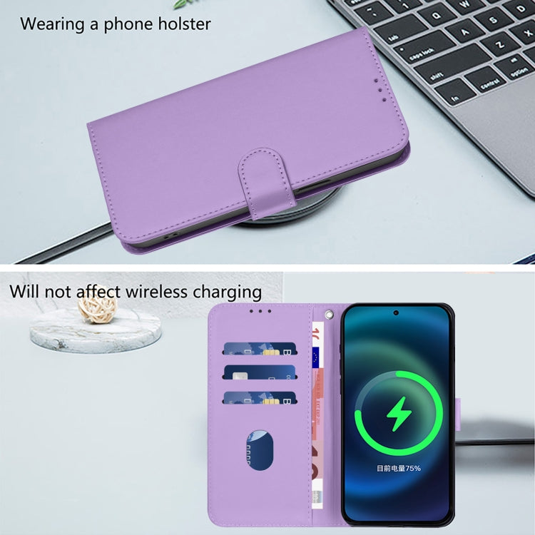 For iPhone 16 Plus Skin Feel Solid Color Leather Phone Case with Lanyard(Lavender Purple) by buy2fix
