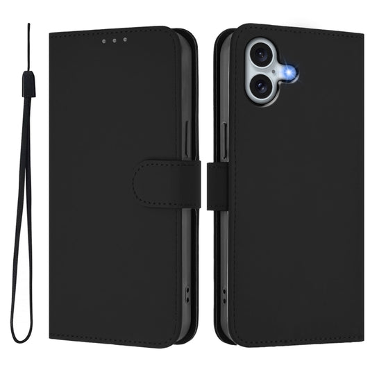 For iPhone 16 Plus Skin Feel Solid Color Leather Phone Case with Lanyard(Black) by buy2fix