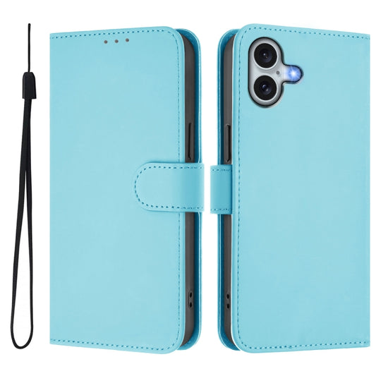 For iPhone 16 Plus Skin Feel Solid Color Leather Phone Case with Lanyard(Sky Blue) by buy2fix