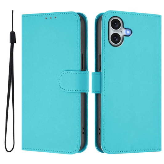For iPhone 16 Plus Skin Feel Solid Color Leather Phone Case with Lanyard(Lake Blue) by buy2fix