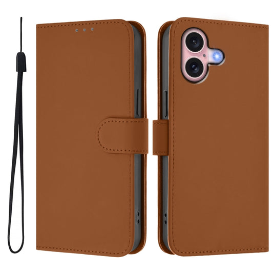 For iPhone 16 Skin Feel Solid Color Leather Phone Case with Lanyard(Brown) by buy2fix