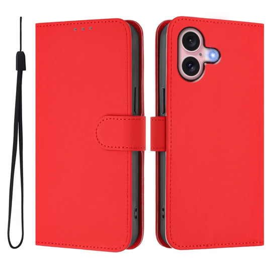 For iPhone 16 Skin Feel Solid Color Leather Phone Case with Lanyard(Red) by buy2fix