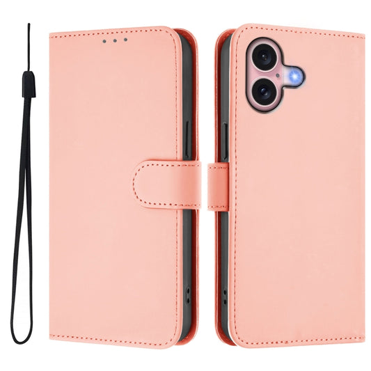 For iPhone 16 Skin Feel Solid Color Leather Phone Case with Lanyard(Pink) by buy2fix