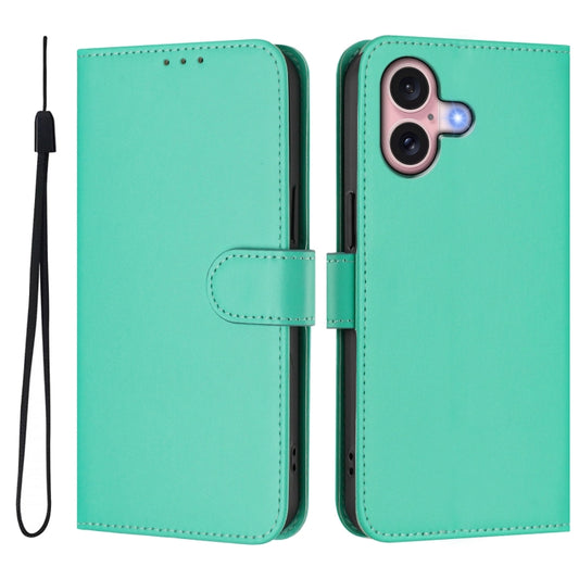 For iPhone 16 Skin Feel Solid Color Leather Phone Case with Lanyard(Green) by buy2fix