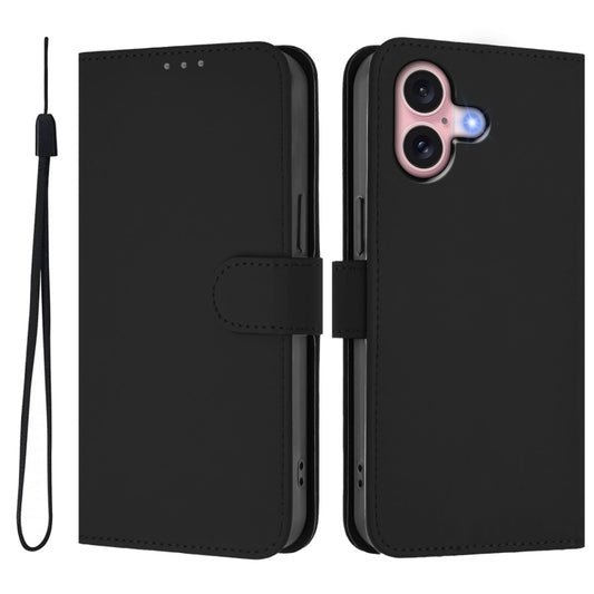 For iPhone 16 Skin Feel Solid Color Leather Phone Case with Lanyard(Black) by buy2fix