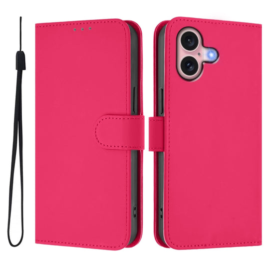 For iPhone 16 Skin Feel Solid Color Leather Phone Case with Lanyard(Rose Red) by buy2fix