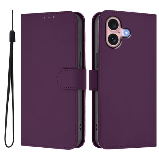 For iPhone 16 Skin Feel Solid Color Leather Phone Case with Lanyard(Violet) by buy2fix