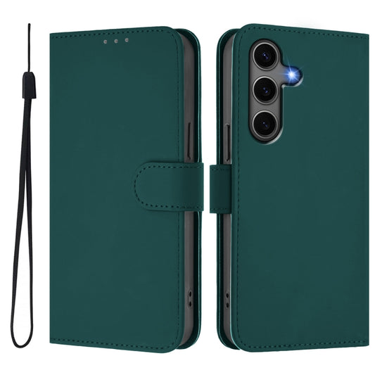For Samsung Galaxy S25+ 5G Skin Feel Solid Color Leather Phone Case with Lanyard(Dark Green) by buy2fix