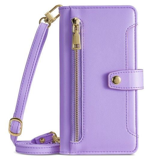 For iPhone 16 Sheep Texture Cross-body Zipper Wallet Leather Phone Case(Purple) - iPhone 16 Cases by buy2fix | Online Shopping UK | buy2fix