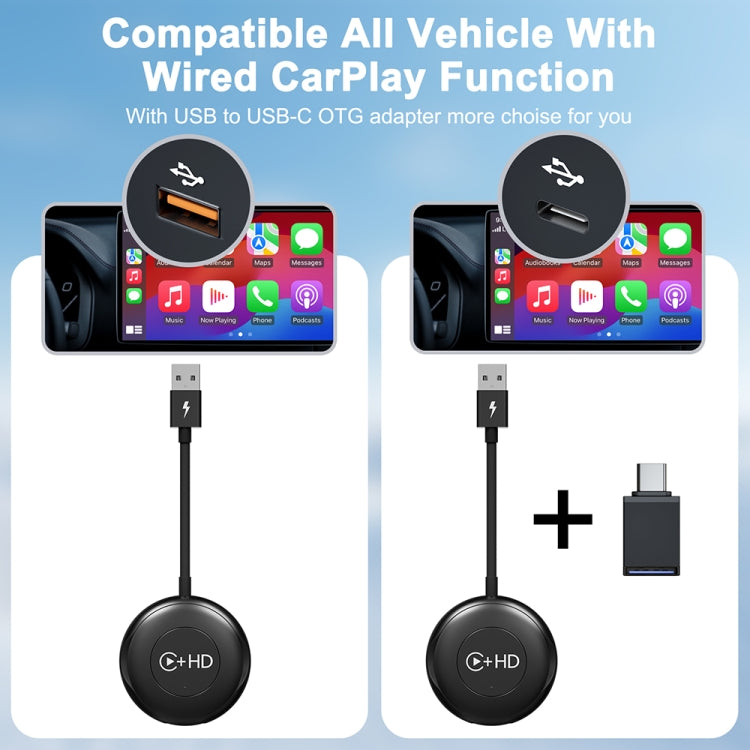 USB and HDMI Wired to Wireless CarPlay Auto Adapter, Specification:Round(Black) by buy2fix