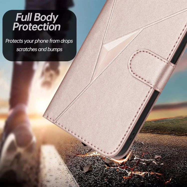 For iPhone 16e Triangle Pattern Buckle Clasp Leather Phone Case(Rose Gold) - iPhone 16e Cases by buy2fix | Online Shopping UK | buy2fix