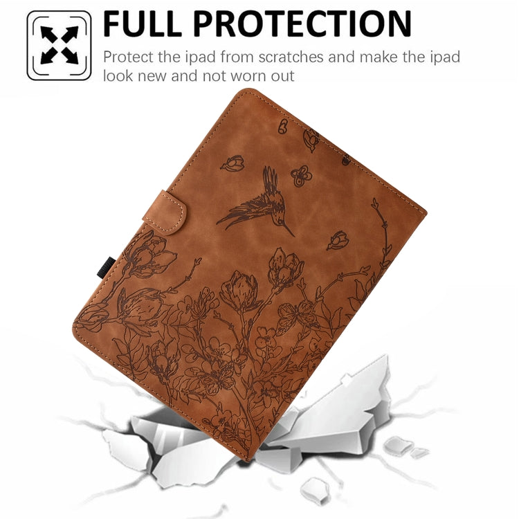 For iPad 2025 / 2022 Flowers and Bird Embossed Smart Leather Tablet Case(Brown) - iPad 2025 / 2022 Cases by buy2fix | Online Shopping UK | buy2fix