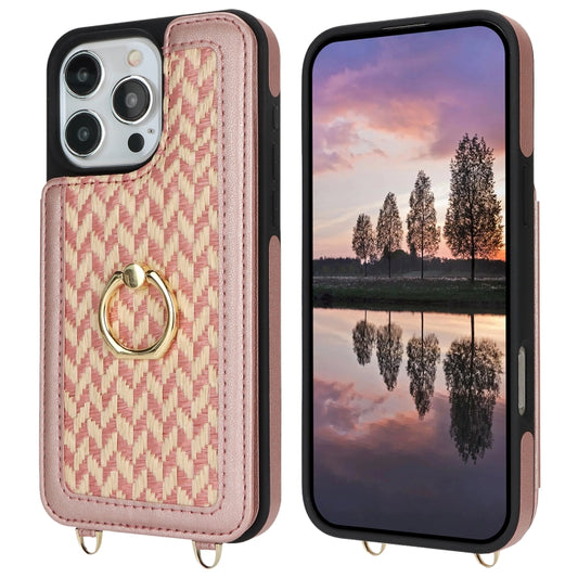 For iPhone 16 Pro Double Bckle Card Slot Full Coverage Phone Case with Cross-body Strap(Rose Gold) - iPhone 16 Pro Cases by buy2fix | Online Shopping UK | buy2fix