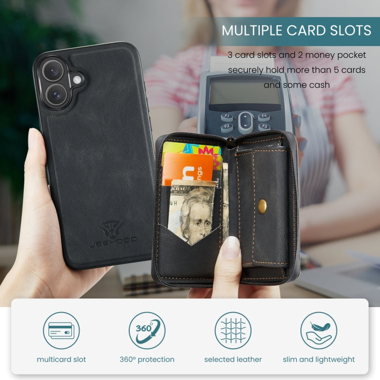 For iPhone 16 Plus JEEHOOD J02 Magnetic Zipper Horizontal Flip Leather Phone Case(Black) by JEEHOOD