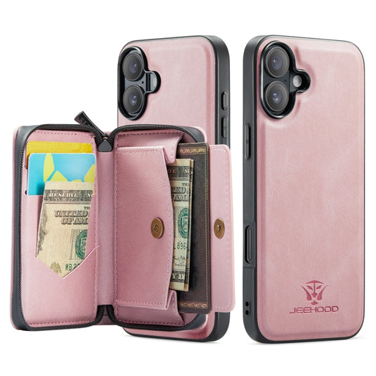 For iPhone 16 JEEHOOD J02 Magnetic Zipper Horizontal Flip Leather Phone Case(Pink) by JEEHOOD
