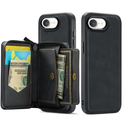 For iPhone 16e JEEHOOD J02 Magnetic Zipper Horizontal Flip Leather Phone Case(Black) - iPhone 16e Cases by JEEHOOD | Online Shopping UK | buy2fix