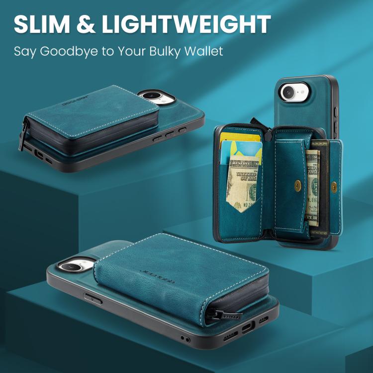 For iPhone 16e JEEHOOD J02 Magnetic Zipper Horizontal Flip Leather Phone Case(Blue) - iPhone 16e Cases by JEEHOOD | Online Shopping UK | buy2fix